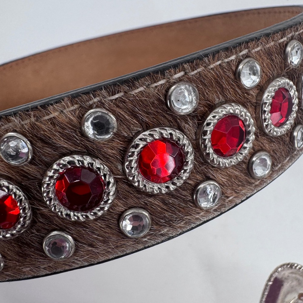 Western Rhinestone Belt Brown Leather Red Crystal Embellished Rodeo Boho Sz 32 - Picture 7 of 12